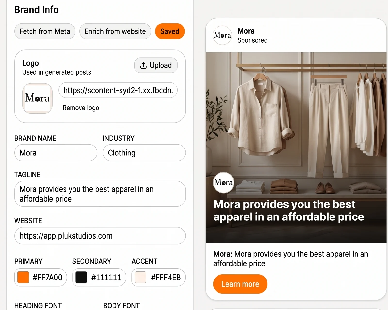 Business Brain Brand Info with logo, colors, fonts, and a sponsored post preview