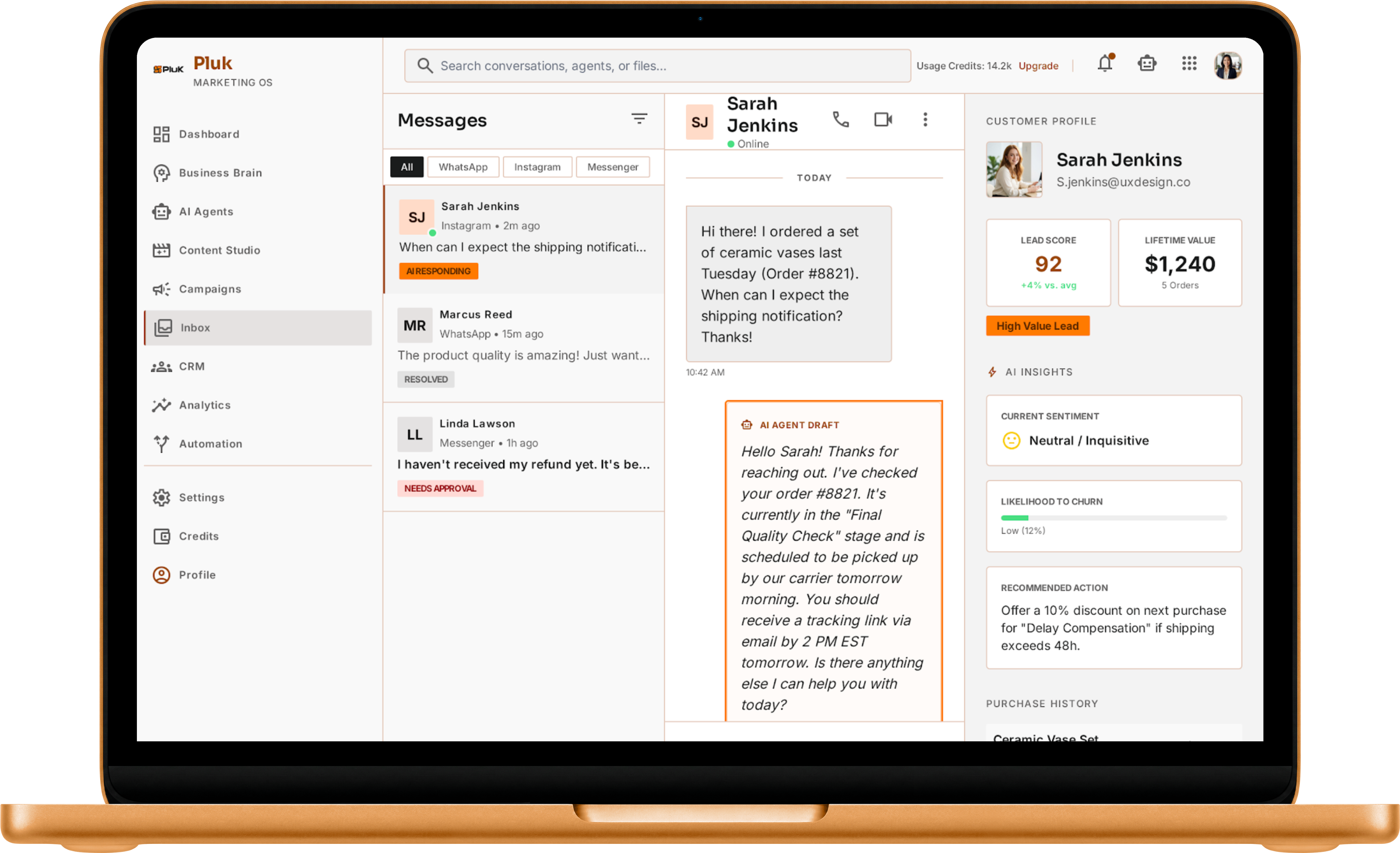 Pluk Marketing OS on laptop — unified inbox with AI agent drafts and customer insights